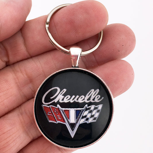 Vintage Chevelle Racing Flags Chrome Badge Emblem 1.2" Diameter Keychain