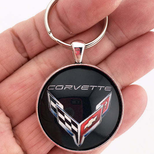 Chevrolet 2000- Corvette C8 Racing Flags Emblem  1.2" Keychain