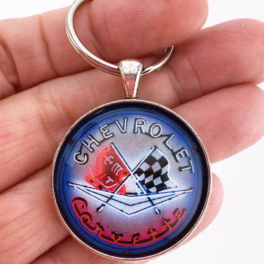Vintage 1950's Chevrolet Corvette C1 "Neon" Racing Flag Emblem Badge Logo 1.2" Keychain
