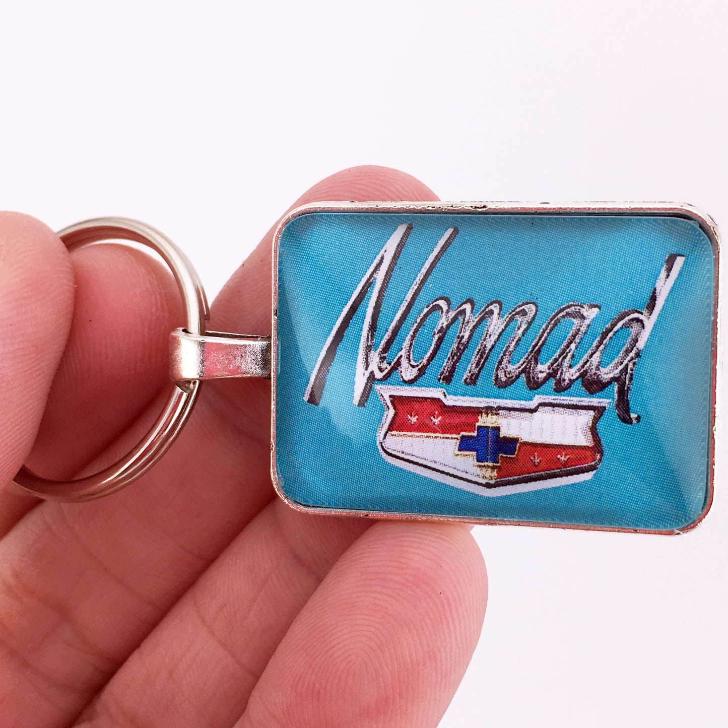 Vintage 1970's Chevy Nomad CHROME Tailgate Script Emblem Badge 1 x 1.25 Keychain