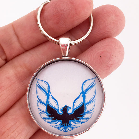 Vintage 2nd Gen Firebird Blue and White Hood Decal 1.2" Diameter Keychain