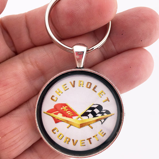 Vintage Chevrolet Corvette C2 Racing Flags Emblem Badge 1.2" Keychain