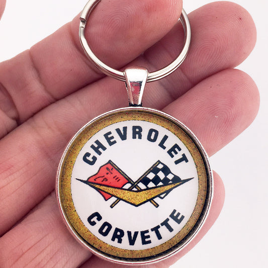 Vintage Chevrolet Corvette C2 Racing Flags Emblem Badge 1.2" Keychain