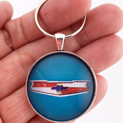 Vintage Chevy Bel Air Chrome Turquoise Emblem 1.2" Keychain