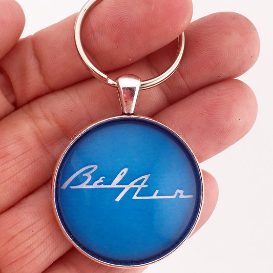 Vintage Chevy Bel Air Chrome Turquoise Emblem 1.2" Keychain