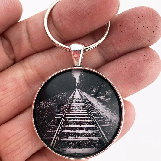Vintage  Black and White Railroad Tracks 1.2" Diameter Keychain