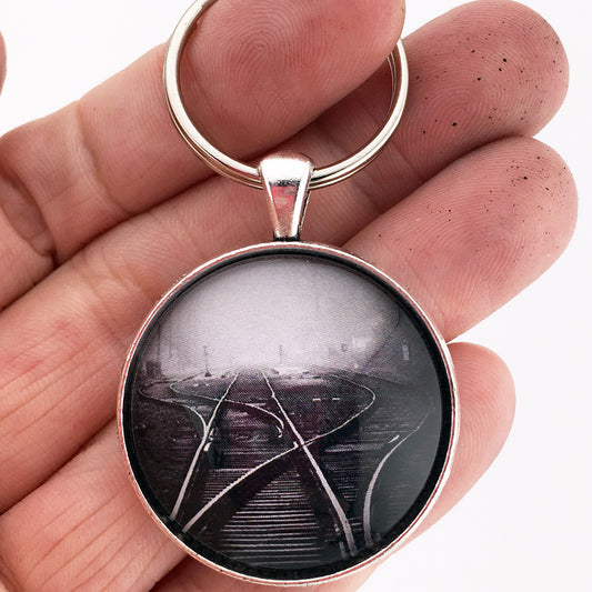 Vintage Black and White Railroad Tracks and Switches 1.2" Diameter Keychain