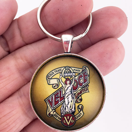 Vintage British Velocette Motorcycle Emblem Badge Logo 1.2" Diameter Keychain