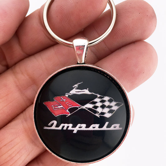 Vintage 1960 Chevy Impala V Formation Racing Flags Emblem 1.2" Diameter Keychain