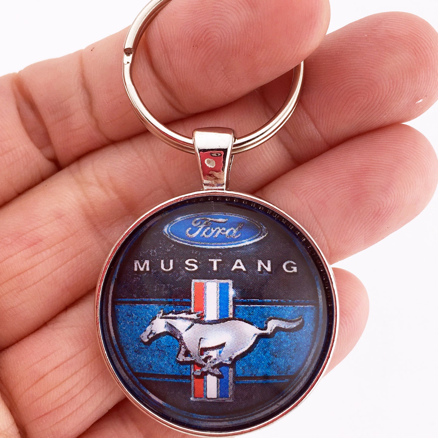 Vintage Ford Mustang Pony Tri Bar Chrome Emblem Logo Decal 1.2 Diameter Keychain