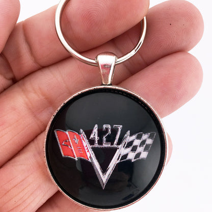 Chevy 427 Chrome V Flag Fender Emblem 1.2" Diameter Keychain