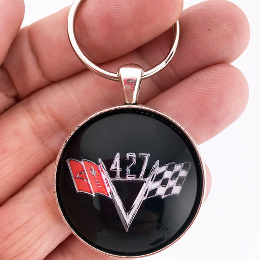 Chevy 427 Chrome V Flag Fender Emblem 1.2" Diameter Keychain