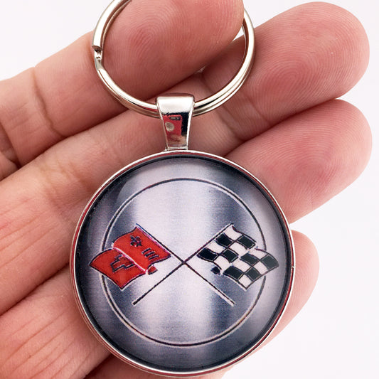 Vintage Chevrolet Corvette C2 Racing Flag Emblem Badge Logo 1.2" Keychain