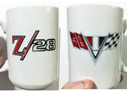 Vintage Camaro Z28 Chrome Emblem Badge Racing Flags LARGE 15 oz. Ceramic Mug