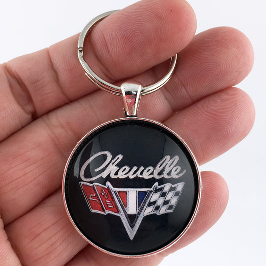 Vintage Chevelle Racing Flags Chrome Badge Emblem 1.2" Diameter Keychain