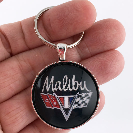 Vintage Late 60's Malibu Racing Flags Chrome Badge Emblem 1.2" Diameter Keychain