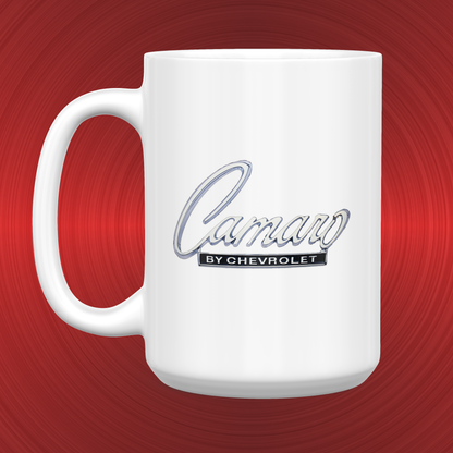 Vintage Camaro Chrome Emblem Badge Racing Flags LARGE 15 oz. Ceramic Mug