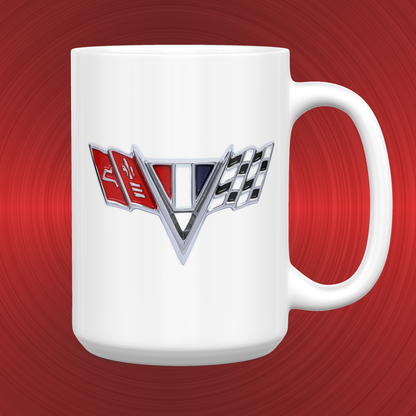 Vintage Camaro Z28 Chrome Emblem Badge Racing Flags LARGE 15 oz. Ceramic Mug